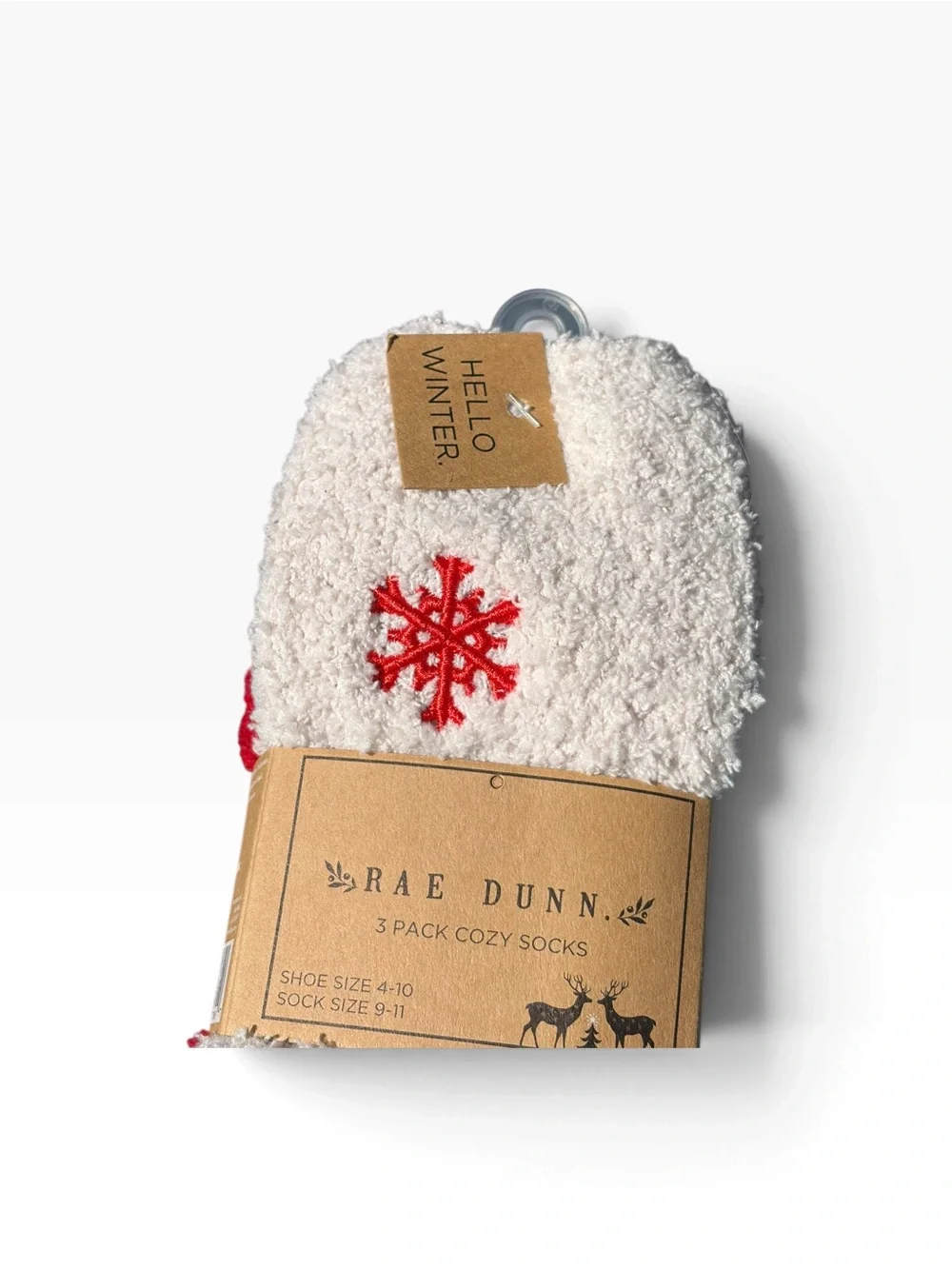 Rae Dunn ‘Hello Winter’ Gray & Red Snowflake Fuzzy 3 Pack Socks